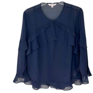 Nanette Lepore Sheer Navy Blue L/S Ruffled Blouse Top w/Cami - L